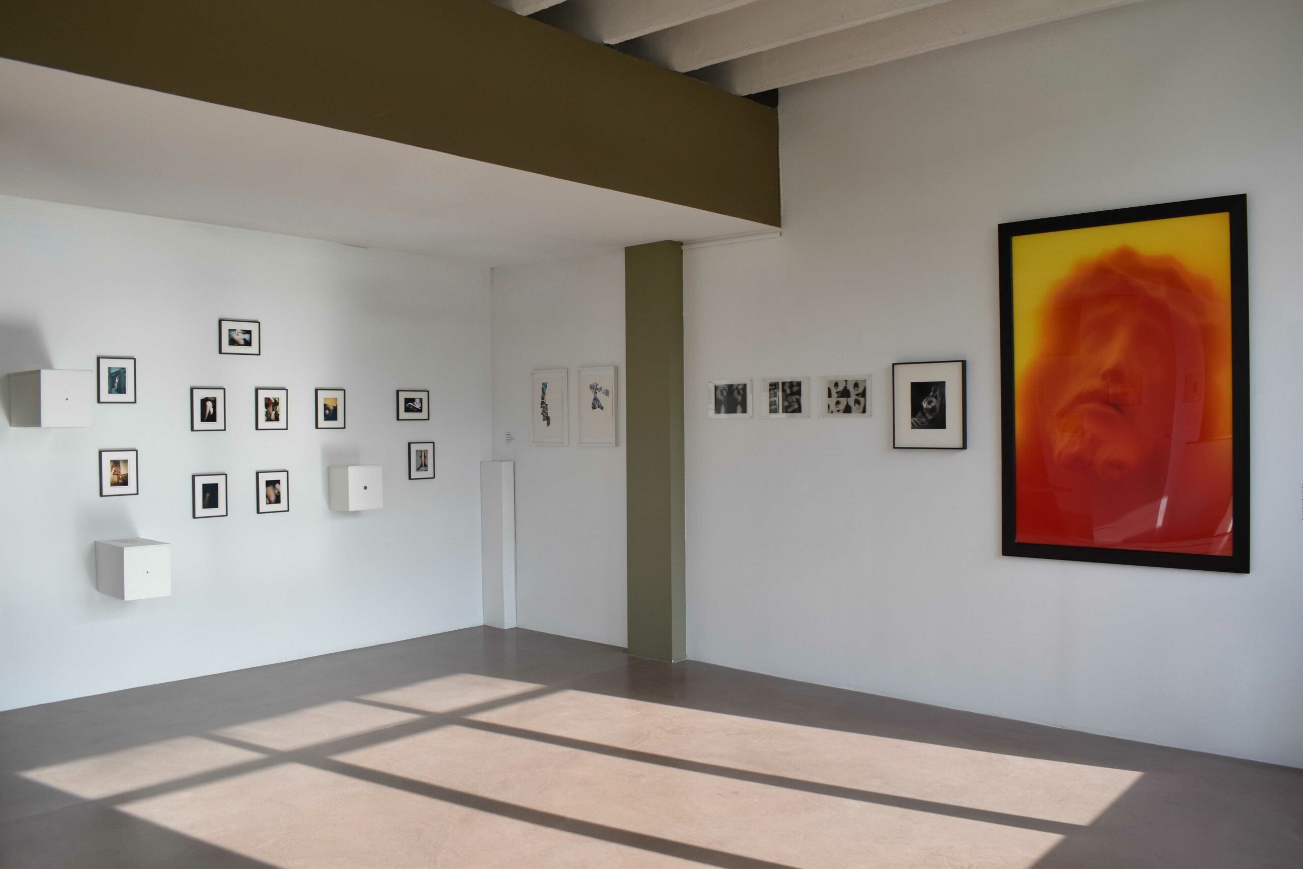 Vue de l’exposition Faire corps : tirage rouge et orangé d’un visage