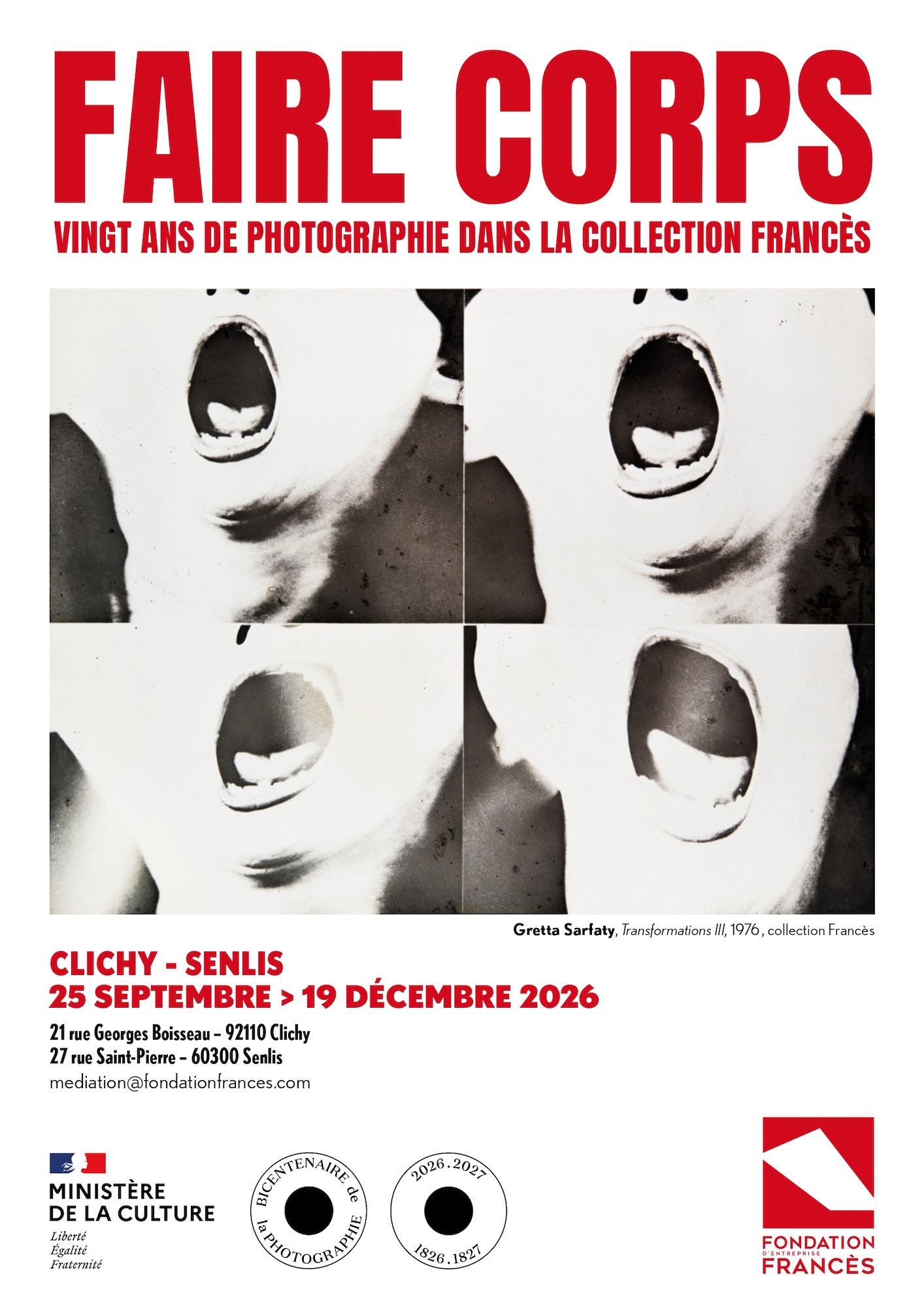 Affiche de l’exposition Faire corps : quatre photographies en noir et blanc d’une bouche grande ouverte, par Gretta Sarfaty